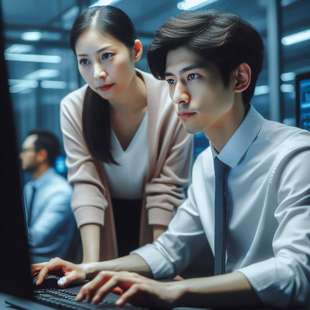 在現代機房環境中，一男一女兩名專業工程師專注於電腦螢幕，安全靈活的採用第三空間。
